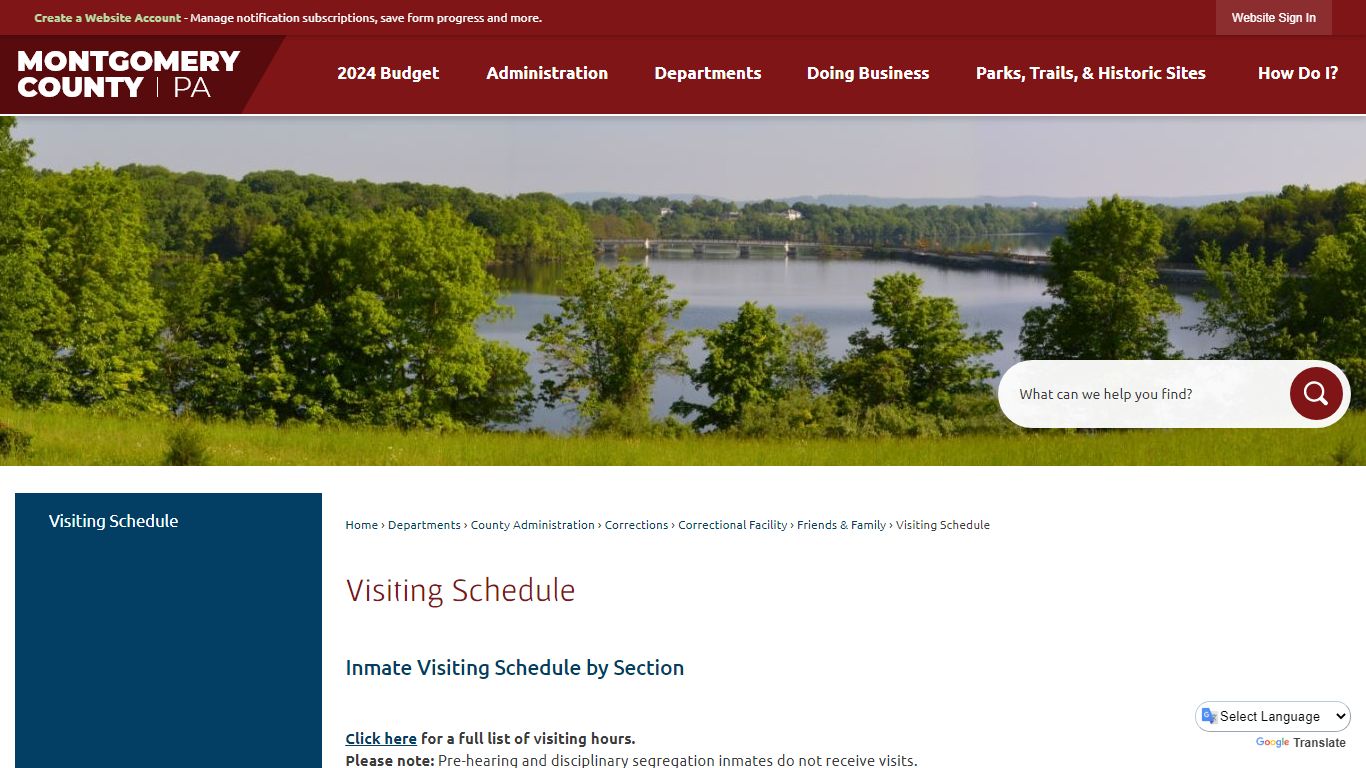 Visiting Schedule | Montgomery County, PA - Official Website